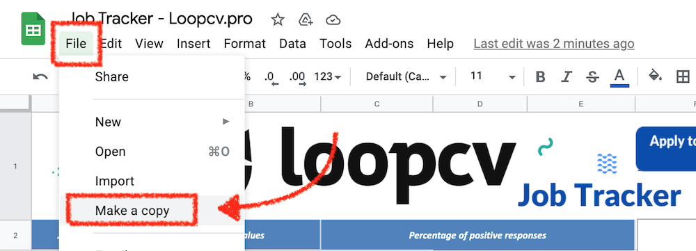 make a copy of job application tracker template from loopcv