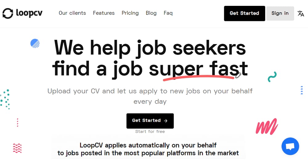 Screenshot of LoopCV homepage