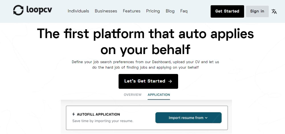 LoopCV home page "The first platform that auto applies on your behalf"