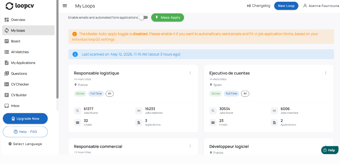 LoopCV My Loops page showing active job search loops with jobs found, matched, emails sent, and applications submitted per loop