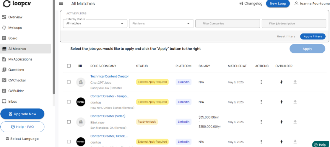 LoopCV Overview dashboard showing active loops, total matches, applications submitted, emails sent, and a matches activity chart