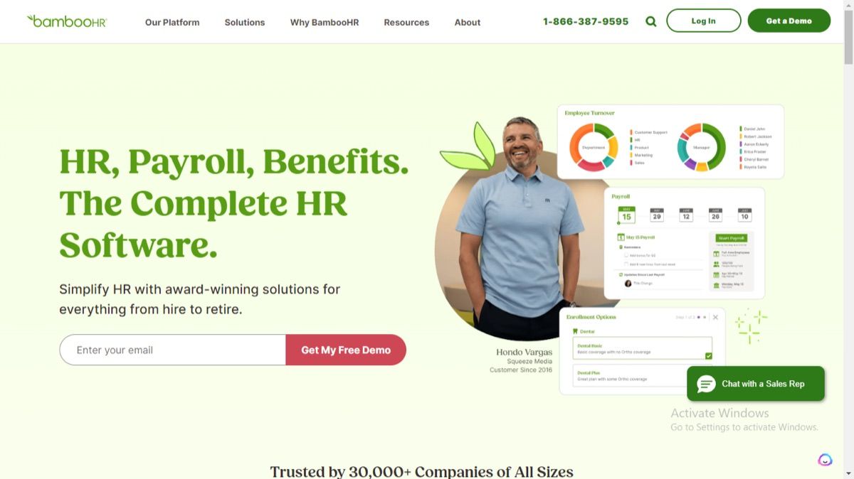 BambooHR homepage with the headline HR, Payroll, Benefits, showing employee turnover and payroll dashboard previews