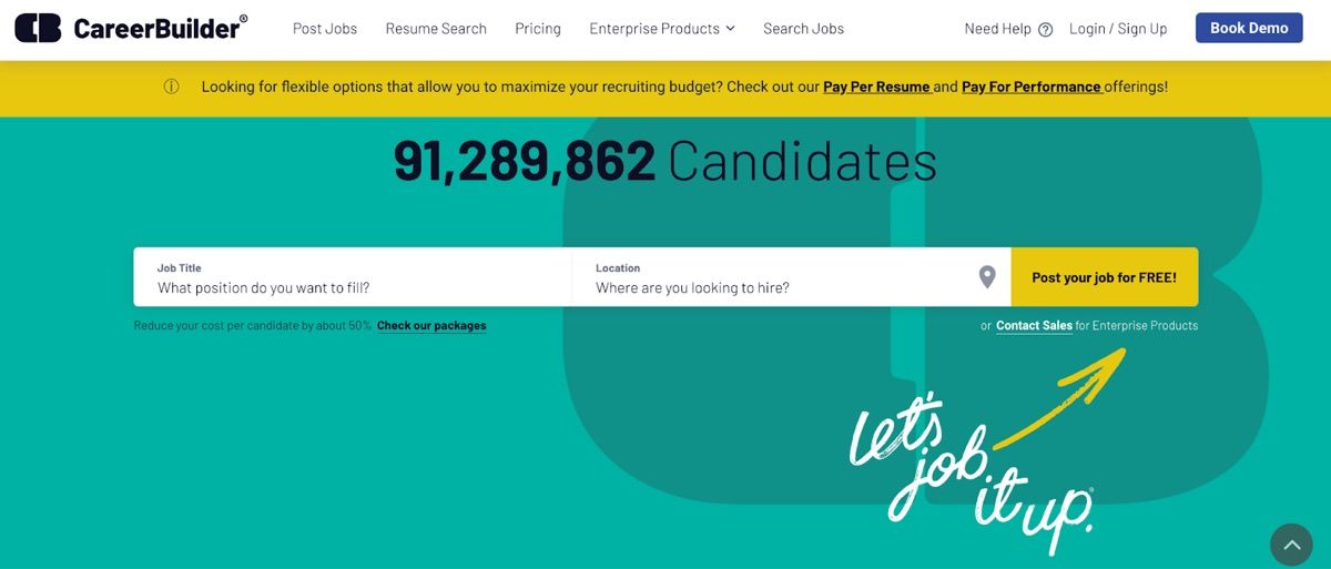 CareerBuilder homepage showing 91,289,862 candidates and a job posting search bar