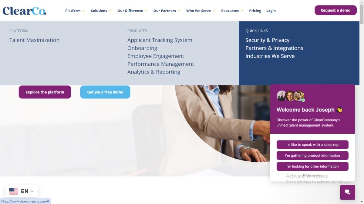 ClearCompany talent management platform homepage showing product navigation and a welcome back panel