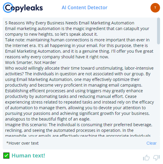 Copyleaks AI content detector result confirming the text is human-written