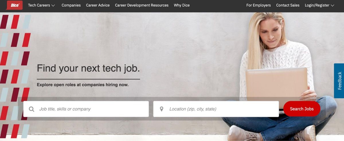 Dice homepage with the headline Find your next tech job and a photo of a woman using a laptop
