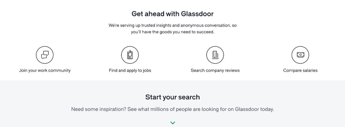 Glassdoor homepage section titled Get ahead with Glassdoor, showing icons for community, jobs, company reviews, and salary comparison