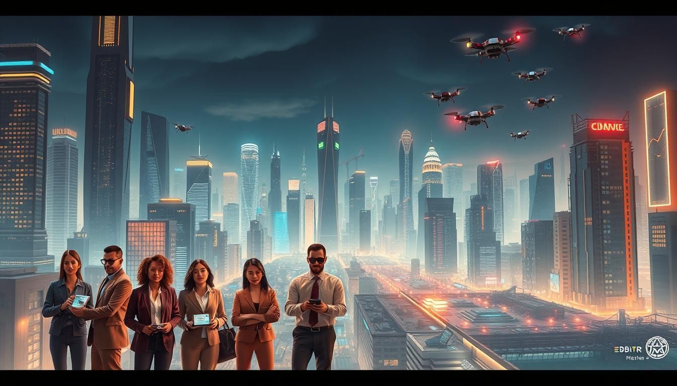 Illustration of professionals in a futuristic city skyline, representing high-income career skills