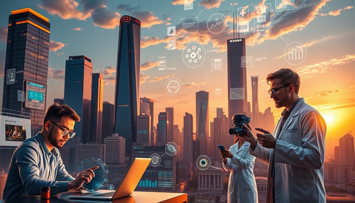 Illustration of a data analyst and healthcare professionals using AI and analytics tools, representing high-demand skills