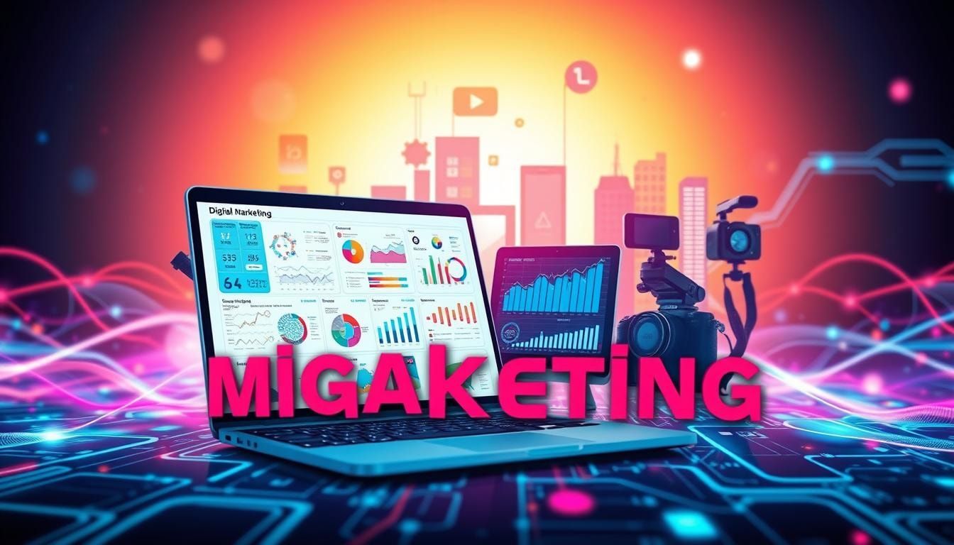 Illustration of a laptop showing digital marketing analytics dashboards next to video camera equipment