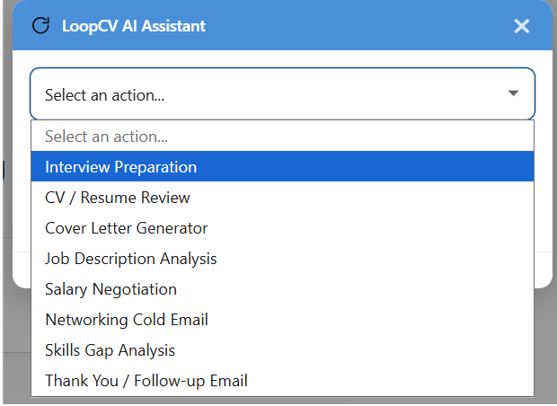 LoopCV AI Assistant panel with a dropdown to select an action such as interview preparation, CV review, or cover letter generator