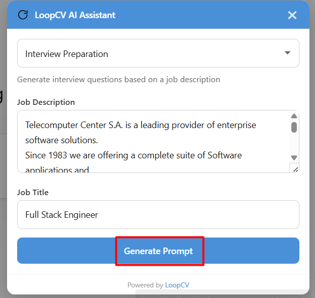 LoopCV AI Assistant interview preparation form with job description and job title fields and a Generate Prompt button