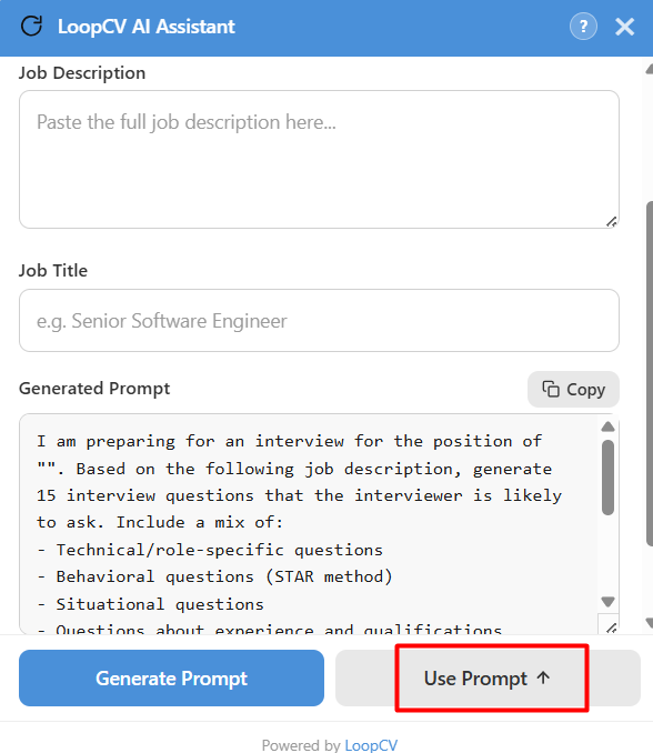 LoopCV AI Assistant showing a generated interview-question prompt ready to copy or use