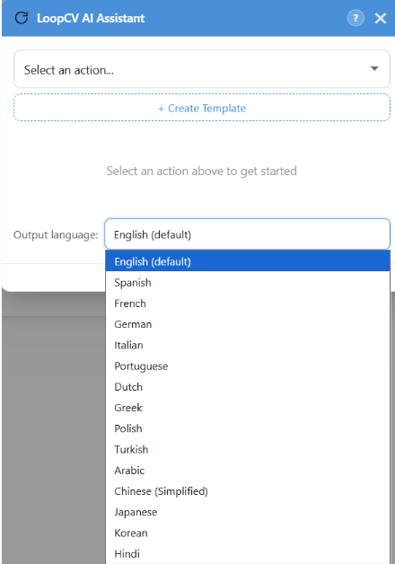 LoopCV AI Assistant output language dropdown showing multiple language options including Spanish, French, and German