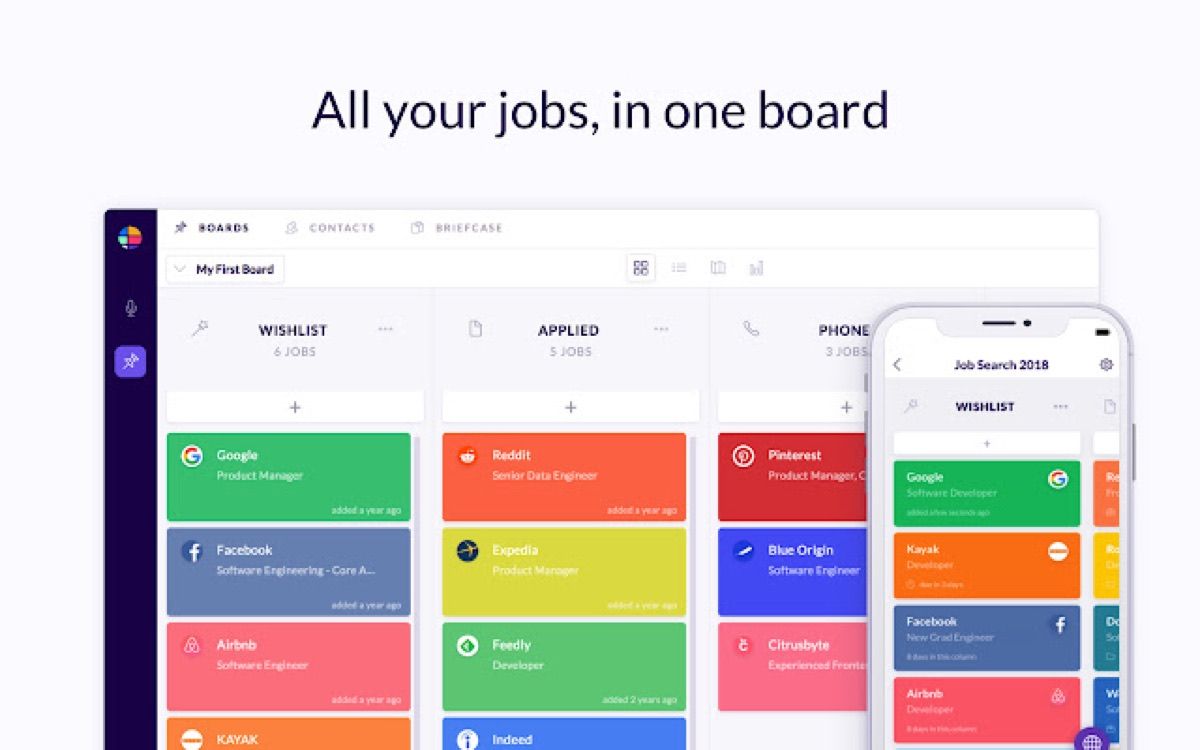 Huntr job tracker board showing wishlist, applied, and phone screen columns with job cards, alongside a mobile view