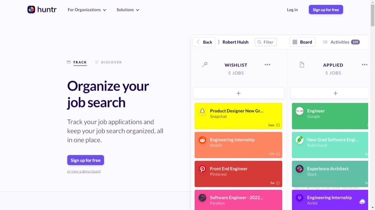 Huntr landing page with the headline Organize your job search, showing a Kanban board of tracked job applications