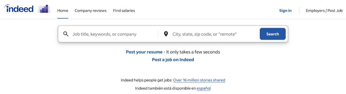 Indeed homepage with a job title and location search bar and links to post a resume or a job