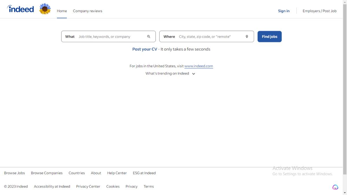Indeed UK homepage with a job search bar and a link to post your CV