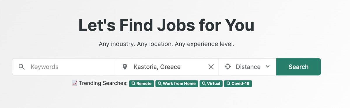 Job search page with keyword, location, and distance filters, showing trending searches for remote work