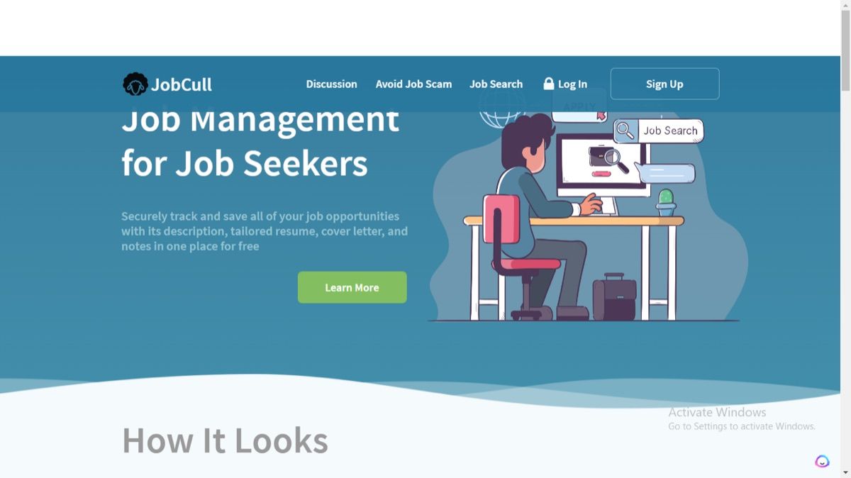 JobCull landing page with the headline Job Management for Job Seekers and an illustration of a person job searching at a desk