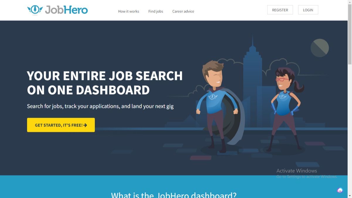 JobHero dashboard landing page with the headline Your entire job search on one dashboard