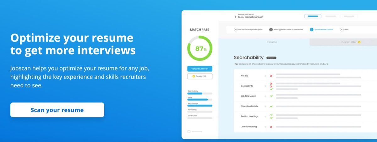 Jobscan resume match-rate dashboard showing an 87% score and a searchability checklist