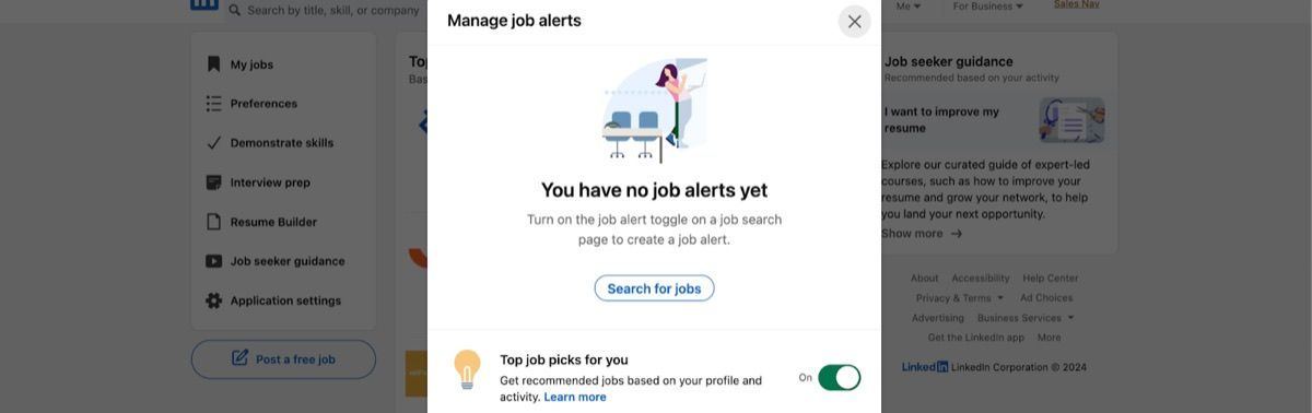 LinkedIn manage job alerts modal showing no job alerts yet with a search for jobs button