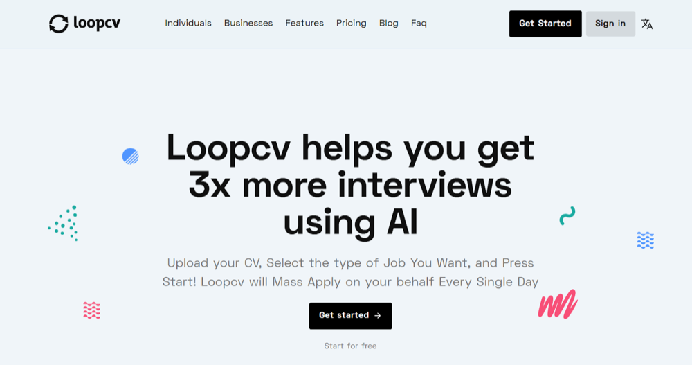 LoopCV homepage headline: LoopCV helps you get 3x more interviews using AI, upload your CV and let LoopCV mass apply on your behalf