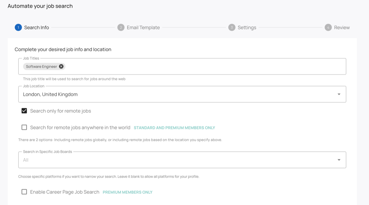 LoopCV job search setup step showing job title, location, and remote-search options