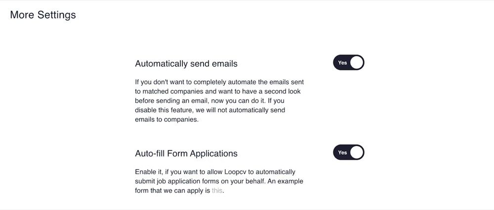 LoopCV settings screen showing automatically send emails and auto-fill form applications toggles enabled