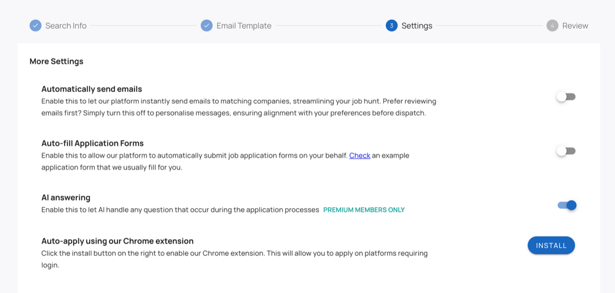 LoopCV settings step showing toggles for automatically sending emails, auto-filling application forms, AI answering, and the Chrome extension install button