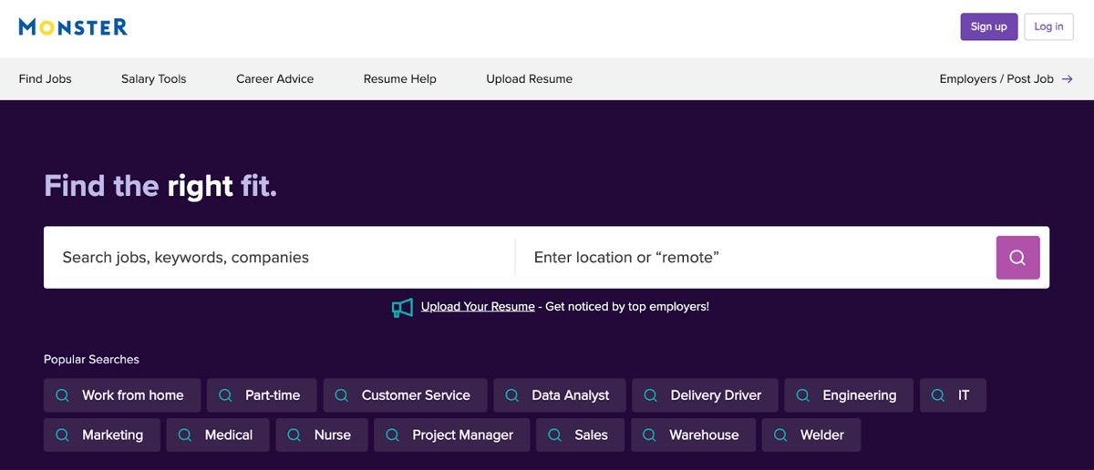 Monster homepage with the headline Find the right fit and a job search bar