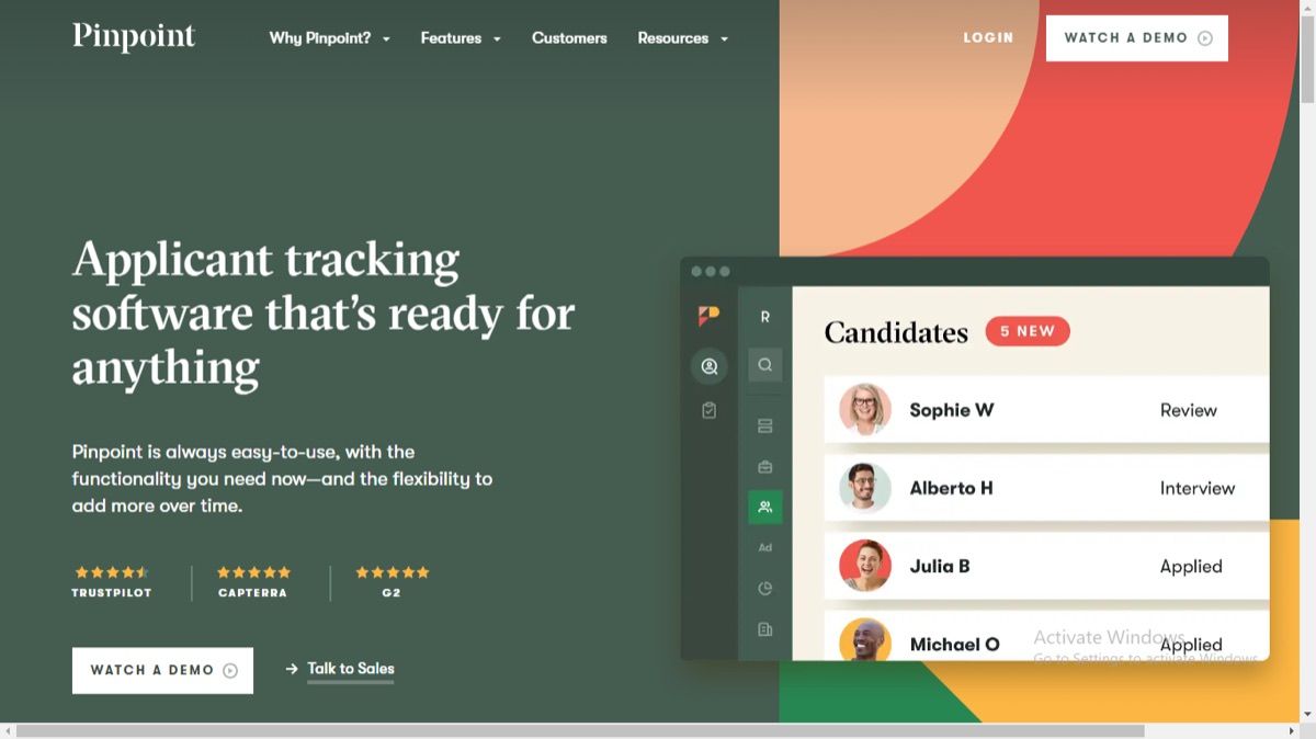 Pinpoint applicant tracking software homepage showing a candidates pipeline with review, interview, and applied statuses