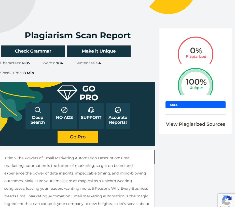 Plagiarism scan report showing 0% plagiarized and 100% unique content