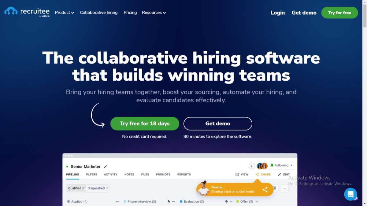 Recruitee collaborative hiring software homepage showing a hiring pipeline with qualified and disqualified candidate counts