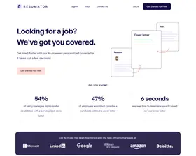 Resumatic landing page showing AI cover letter statistics and hiring partner logos