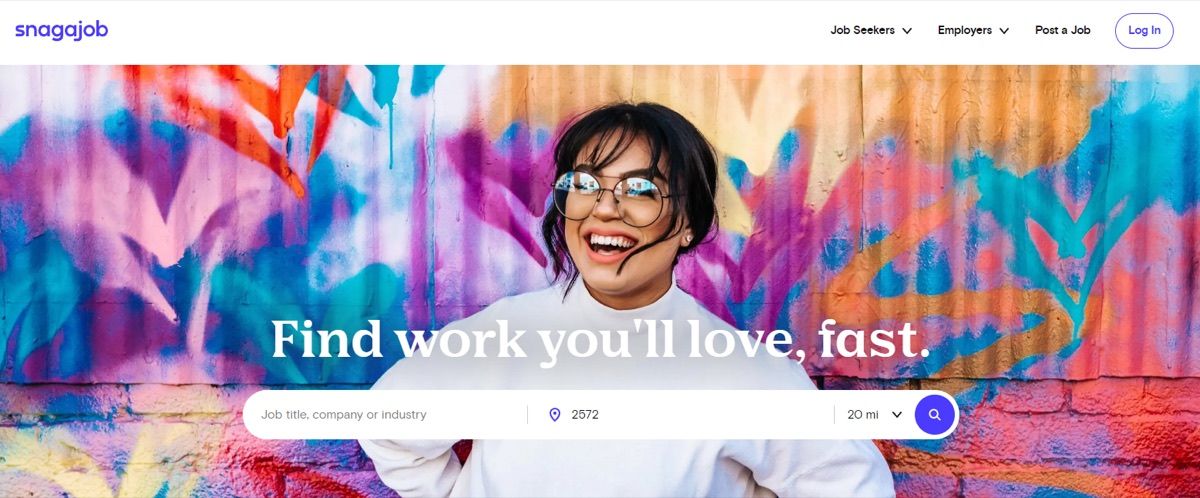 Snagajob homepage with the headline Find work you will love, fast, over a colorful mural background