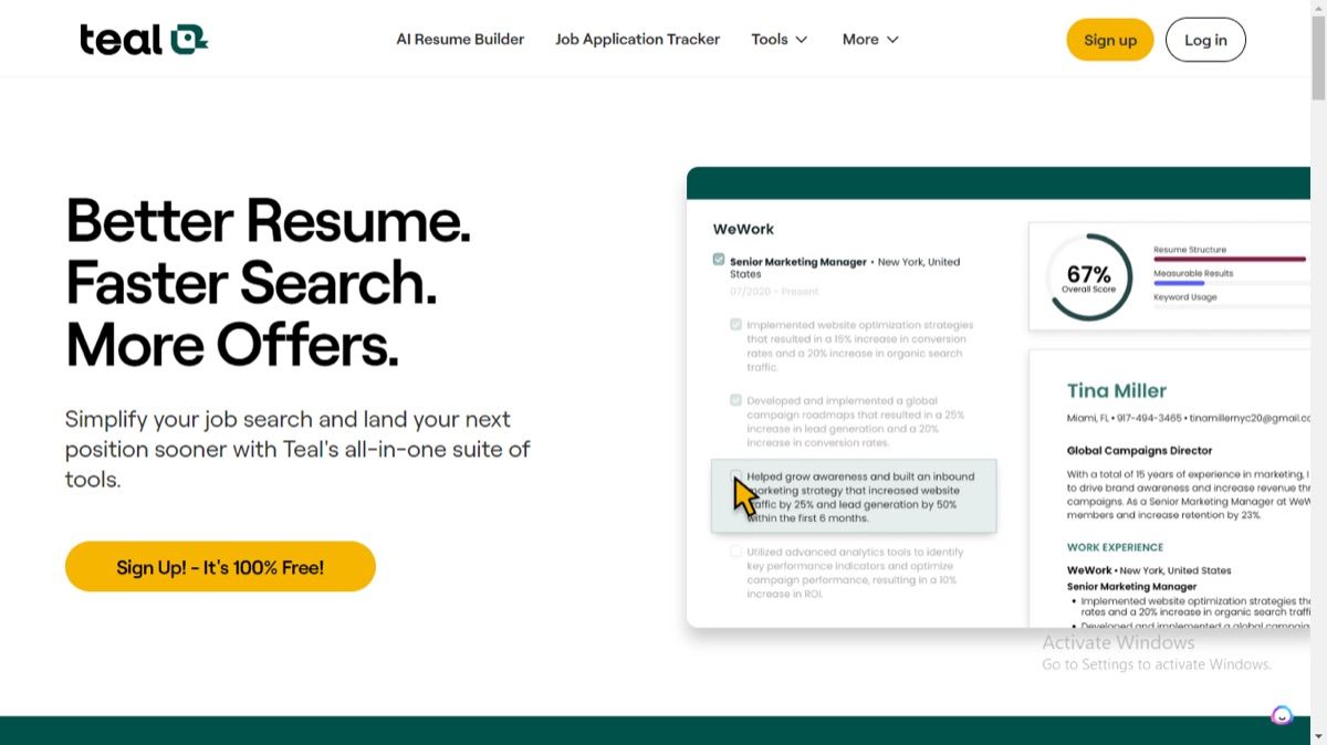Teal resume builder showing a resume with an overall match score of 67% next to a job posting