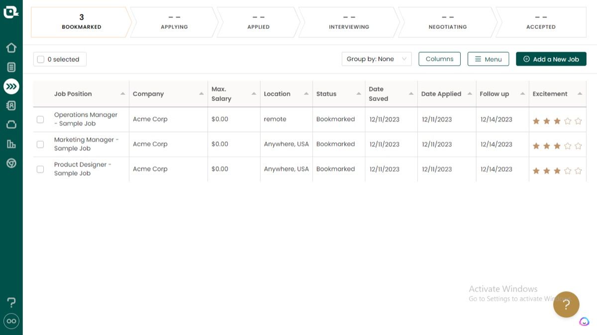 Teal job tracker board showing bookmarked sample jobs with salary, location, status, and excitement rating columns