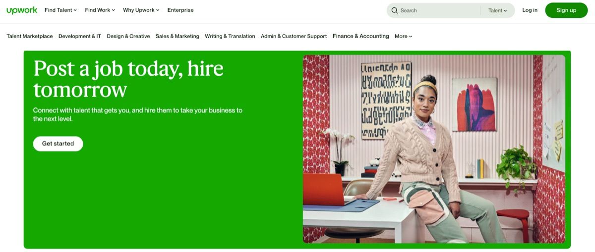 Upwork homepage banner reading Post a job today, hire tomorrow, with a photo of a freelancer at a desk