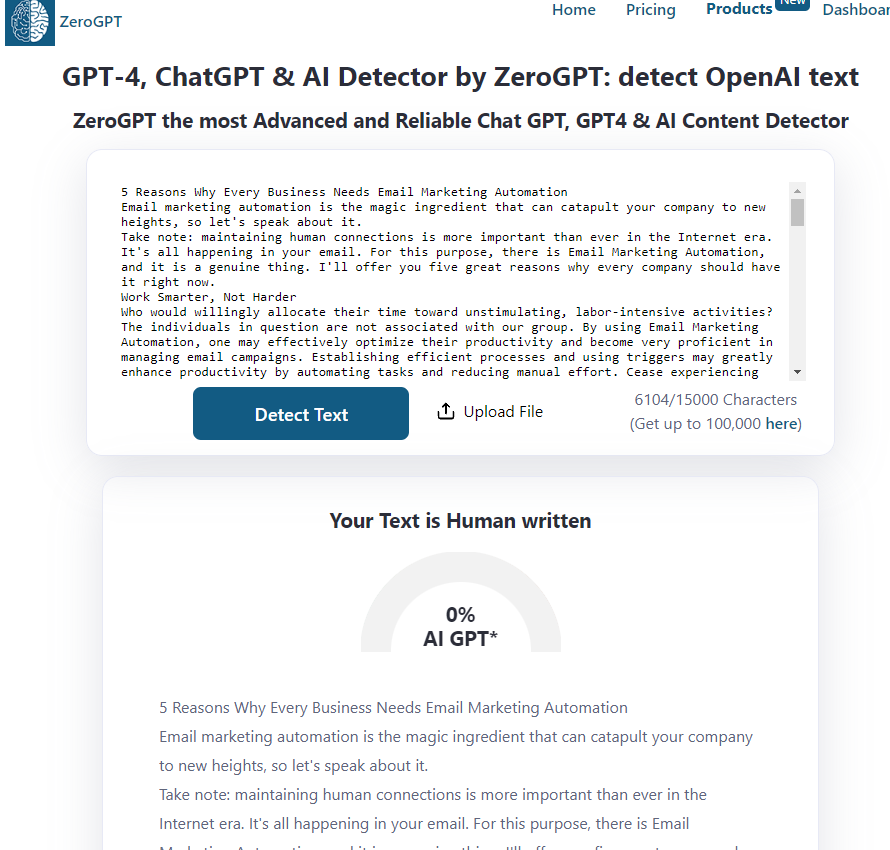 ZeroGPT AI content detector scan result showing 0% AI-generated, marked as human-written text