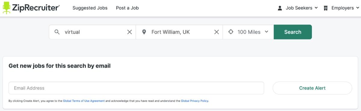 ZipRecruiter search results page with a virtual job search near Fort William UK and an email alert signup